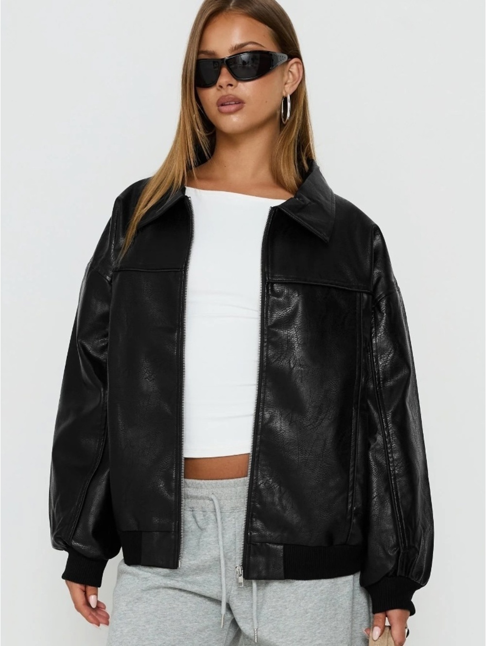 Princess Polly Goldsmith Faux Leather Bomber Jacket in Black, Size 4